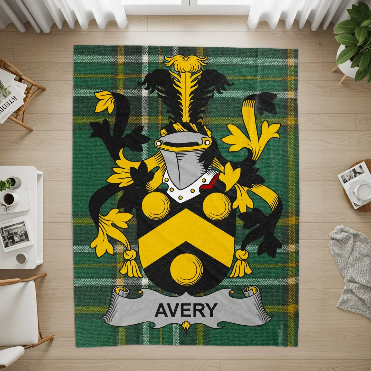 Avery Family Crest on Plaid Background Rug product