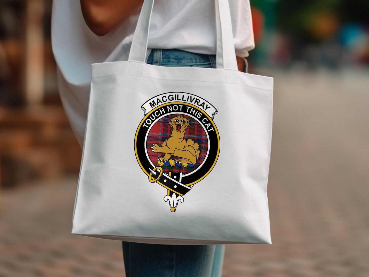 MacGillivray Touch Not This Cat Crest Tartan Tote Bags - Celtic Ancestry Gifts