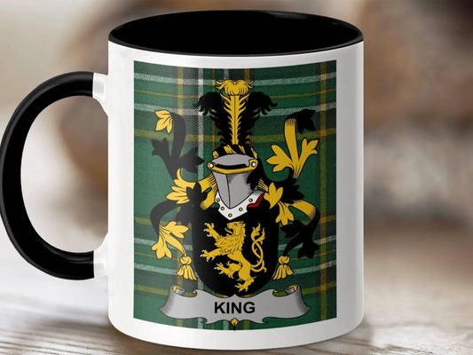 King Surname Family Crest Irish Tartan Mug - Celtic Ancestry Gifts