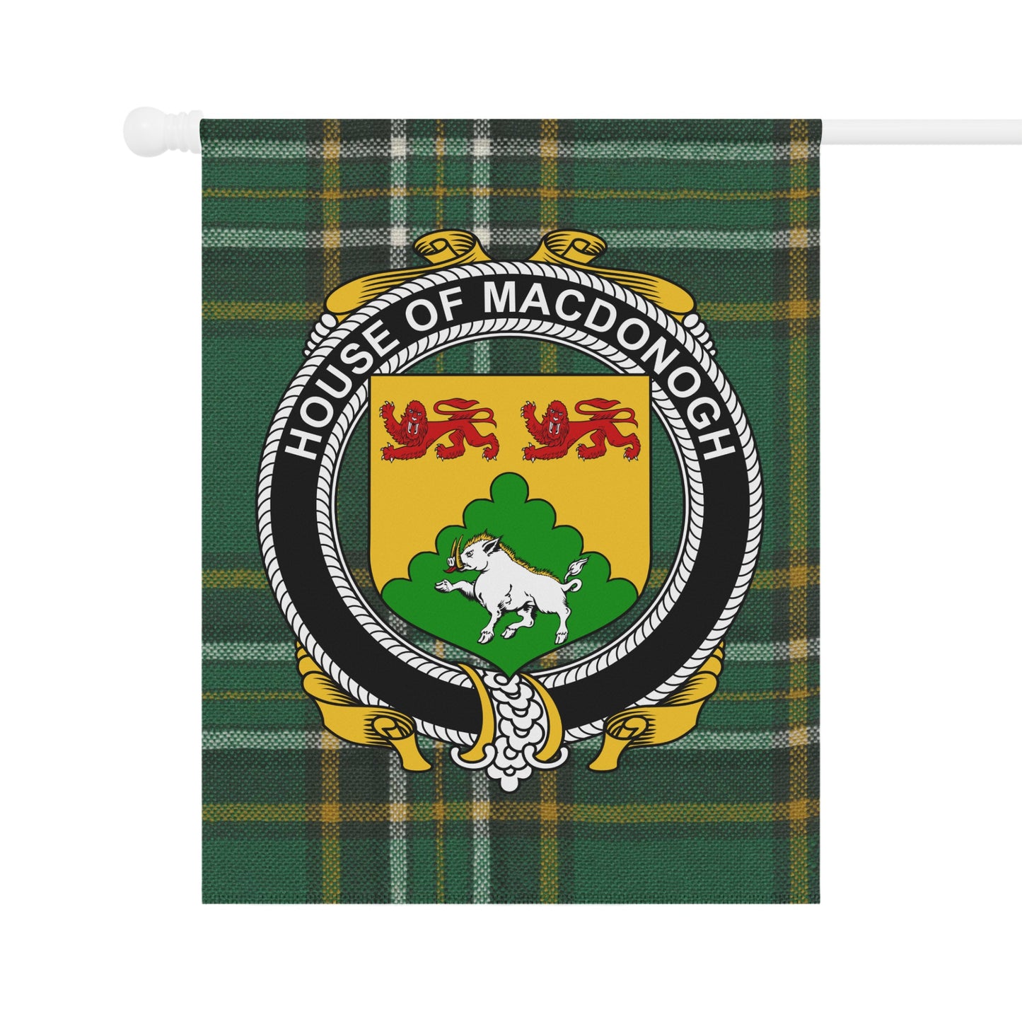 House of MacDonogh Crest on Green Tartan Flag