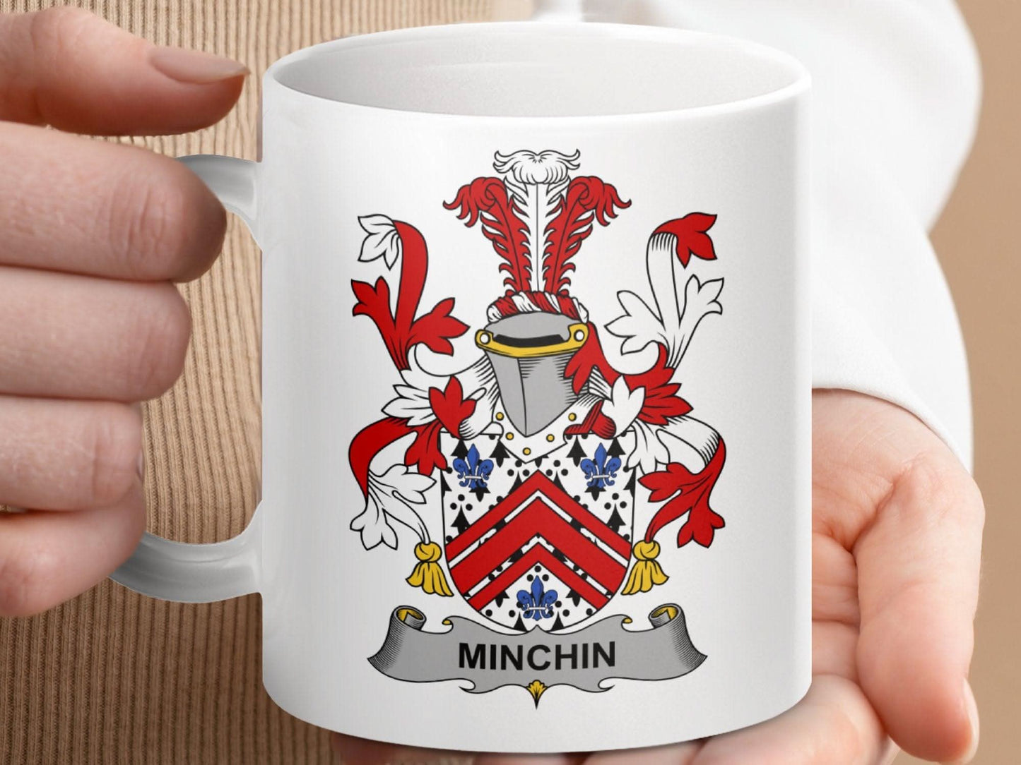Minchin Family Crest Coat of Arms Design Ceramic Mug - Celtic Ancestry Gifts