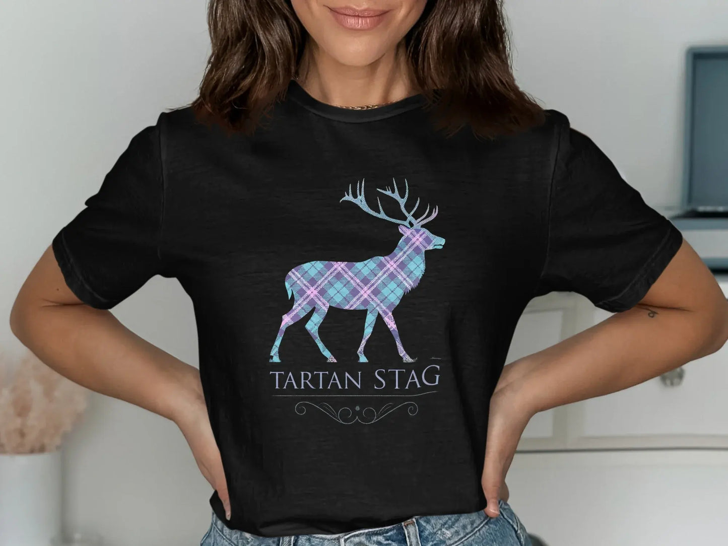 Tartan Stag Graphic Printed Black T-shirt product