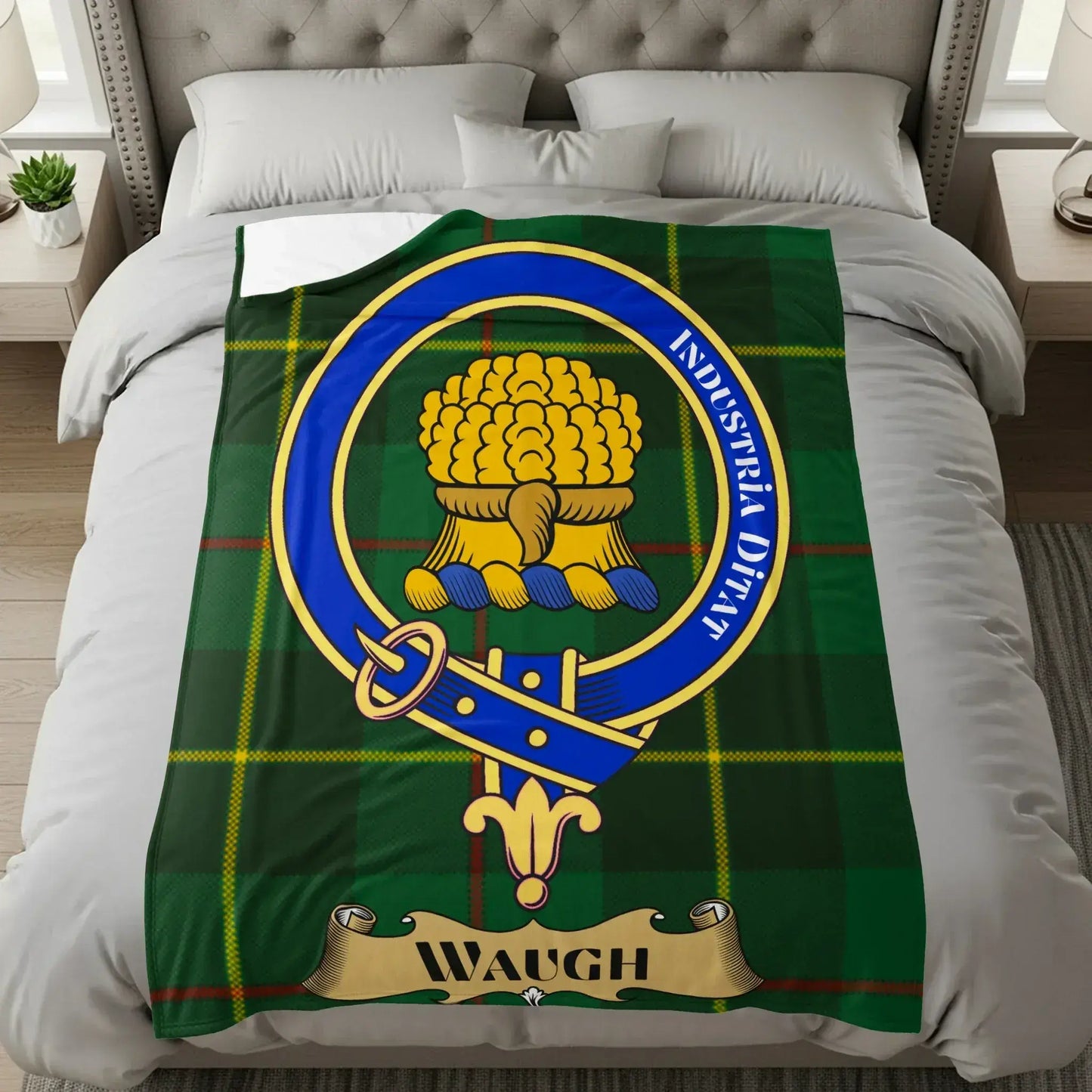 Clan Waugh Tartan Blanket with Crest design product type