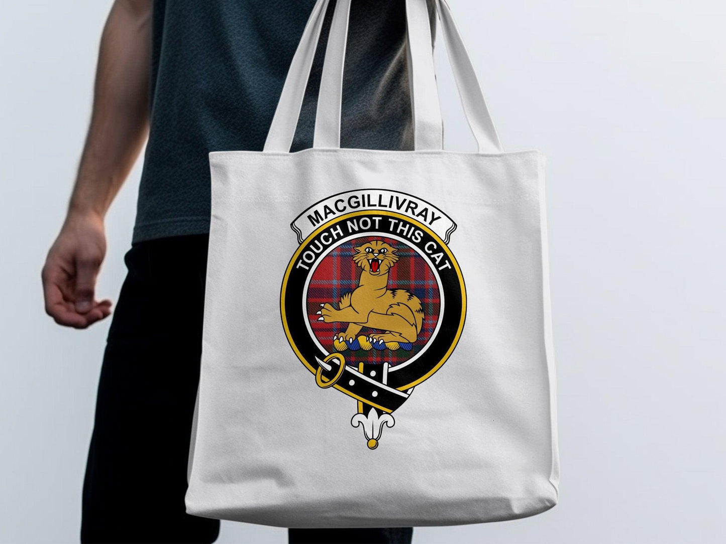 MacGillivray Touch Not This Cat Crest Tartan Tote Bags - Celtic Ancestry Gifts