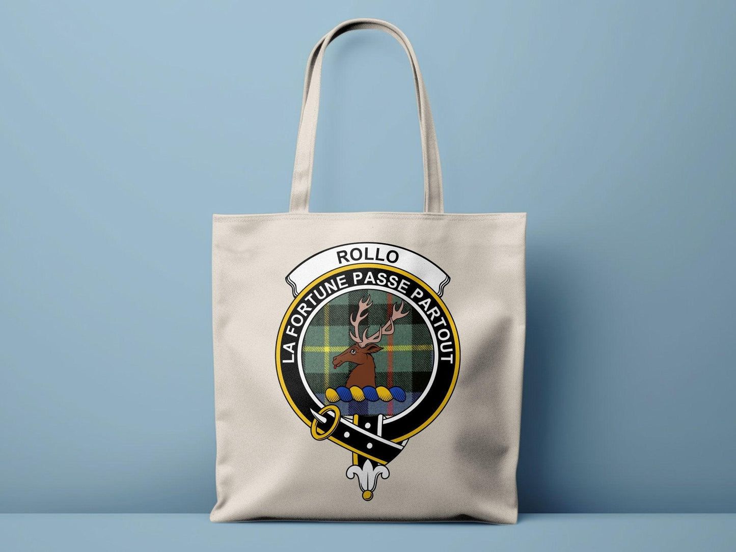 Rollo Scottish Clan Crest Tartan Tote Bags - Celtic Ancestry Gifts