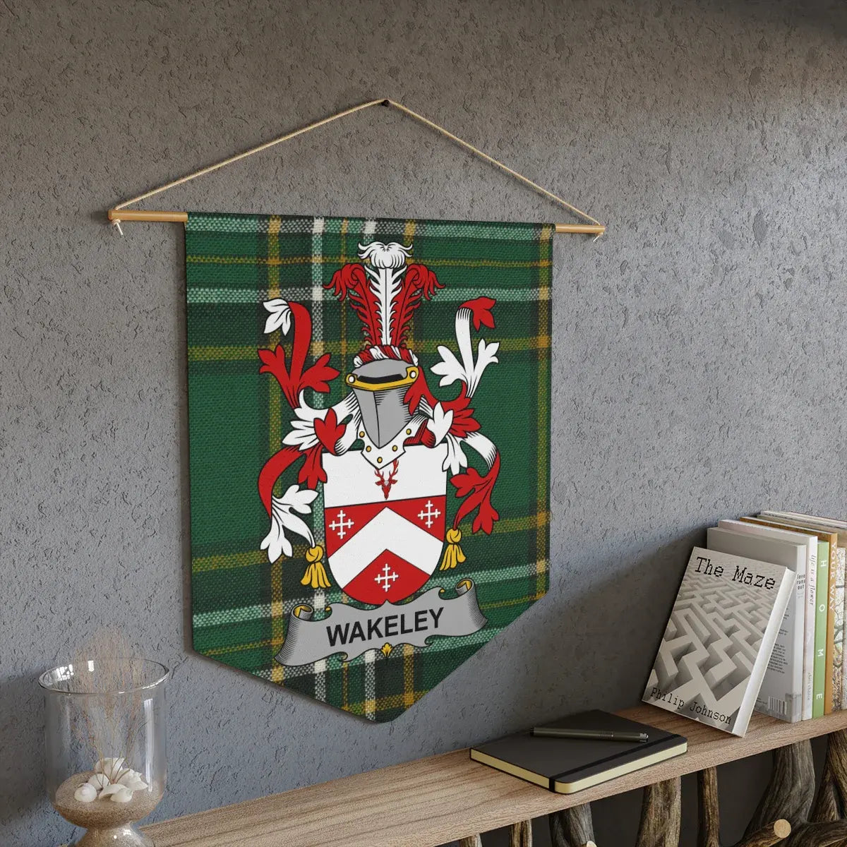 Wakeley Family Crest Plaque on Tartan Background banner