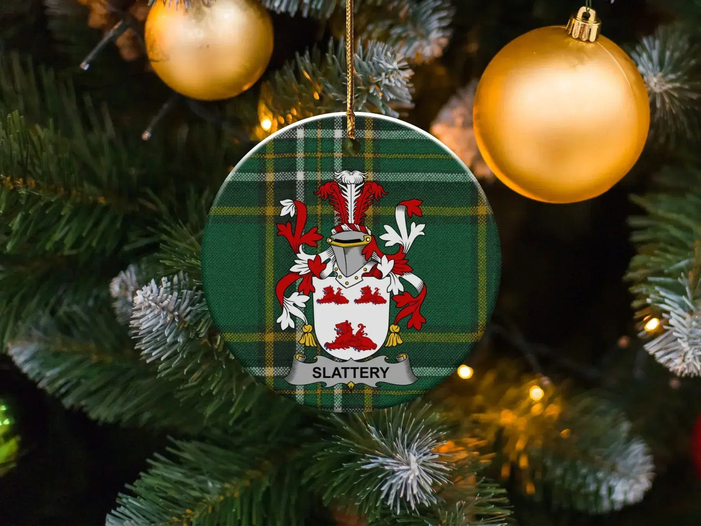 Slattery Family Crest Green Tartan Ornament product