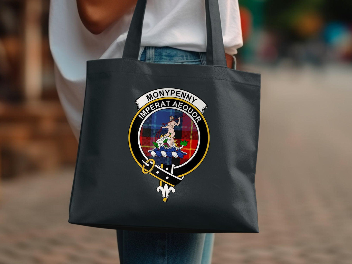 Moneypenny Scottish Clan Crest Tartan Tote Bags - Celtic Ancestry Gifts