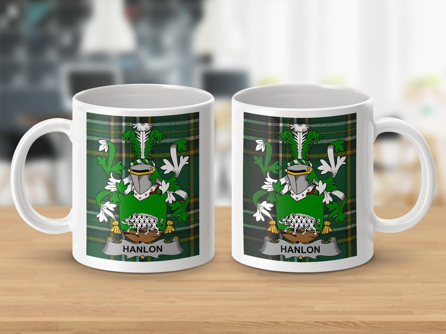 Hanlon Surname Family Crest Irish Tartan Mug - Celtic Ancestry Gifts