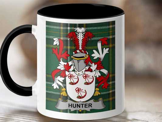Hunter Surname Family Crest Irish National Tartan Mug - Celtic Ancestry Gifts