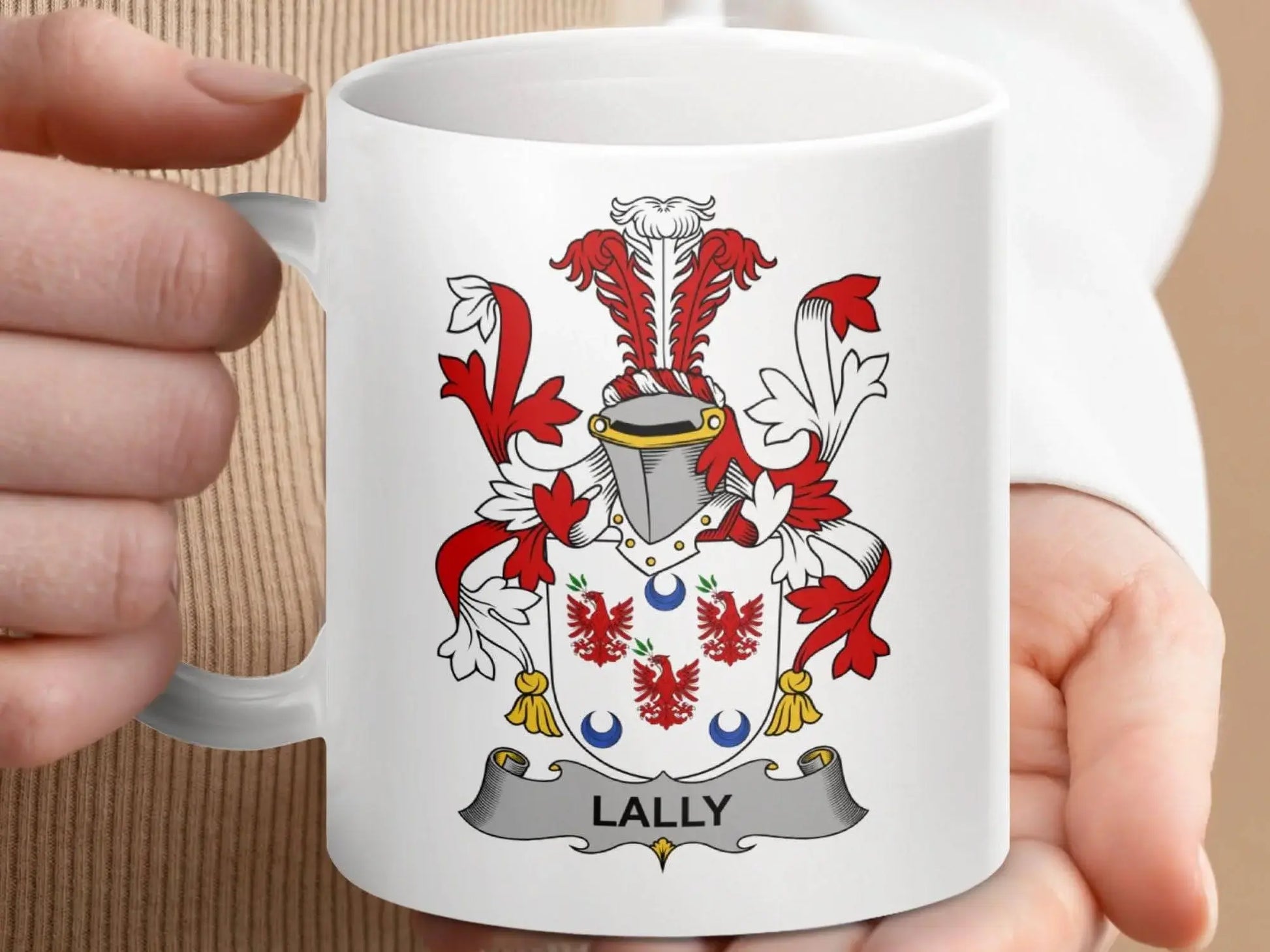 Lally Surname Irish Coat Of Arms Family Crest Heraldry Mug - Celtic Ancestry Gifts