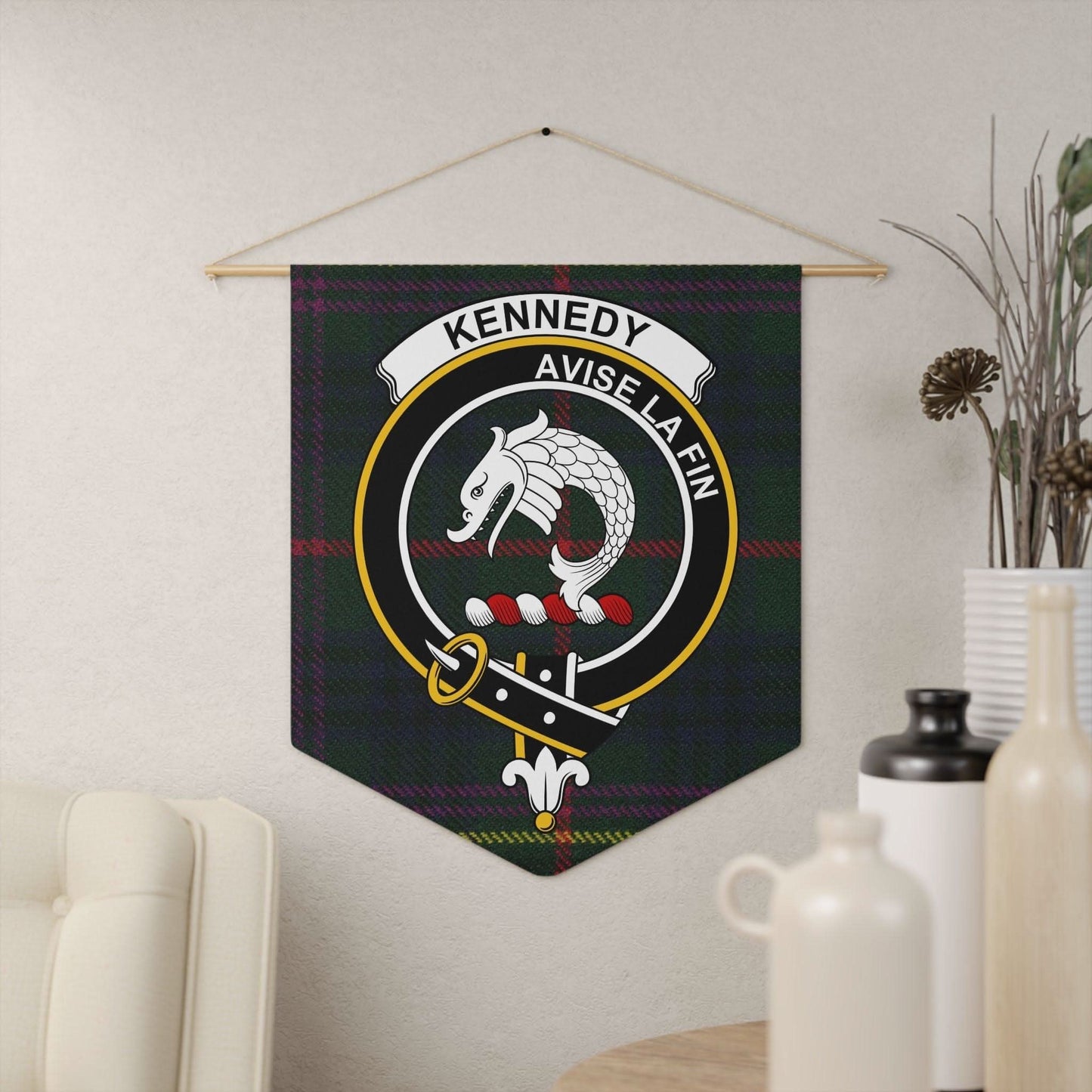 Kennedy Clan Crest Scottish Tartan Wall Pennant - Celtic Ancestry Gifts