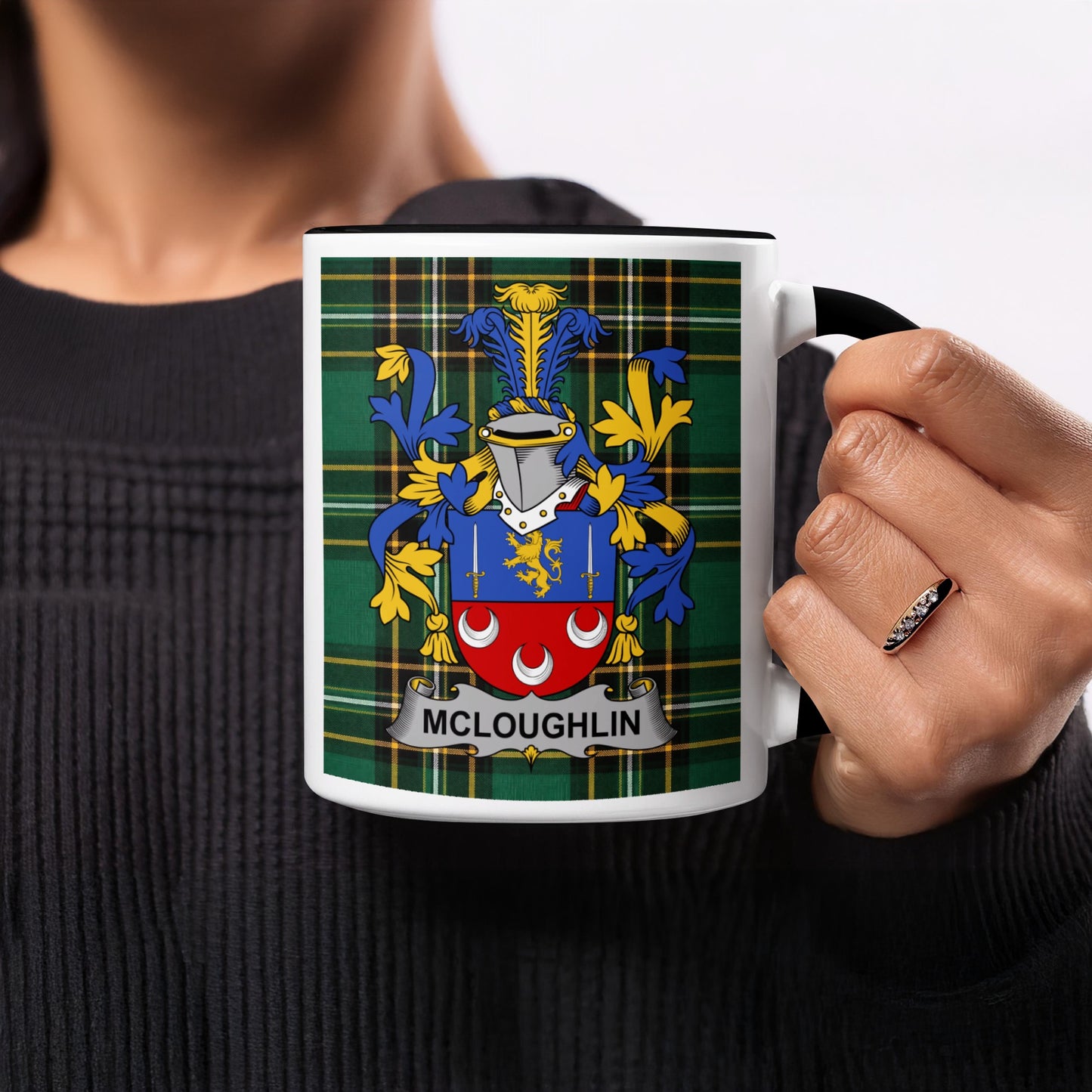 Mug featuring the McLoughlin coat of arms with a tartan background.
