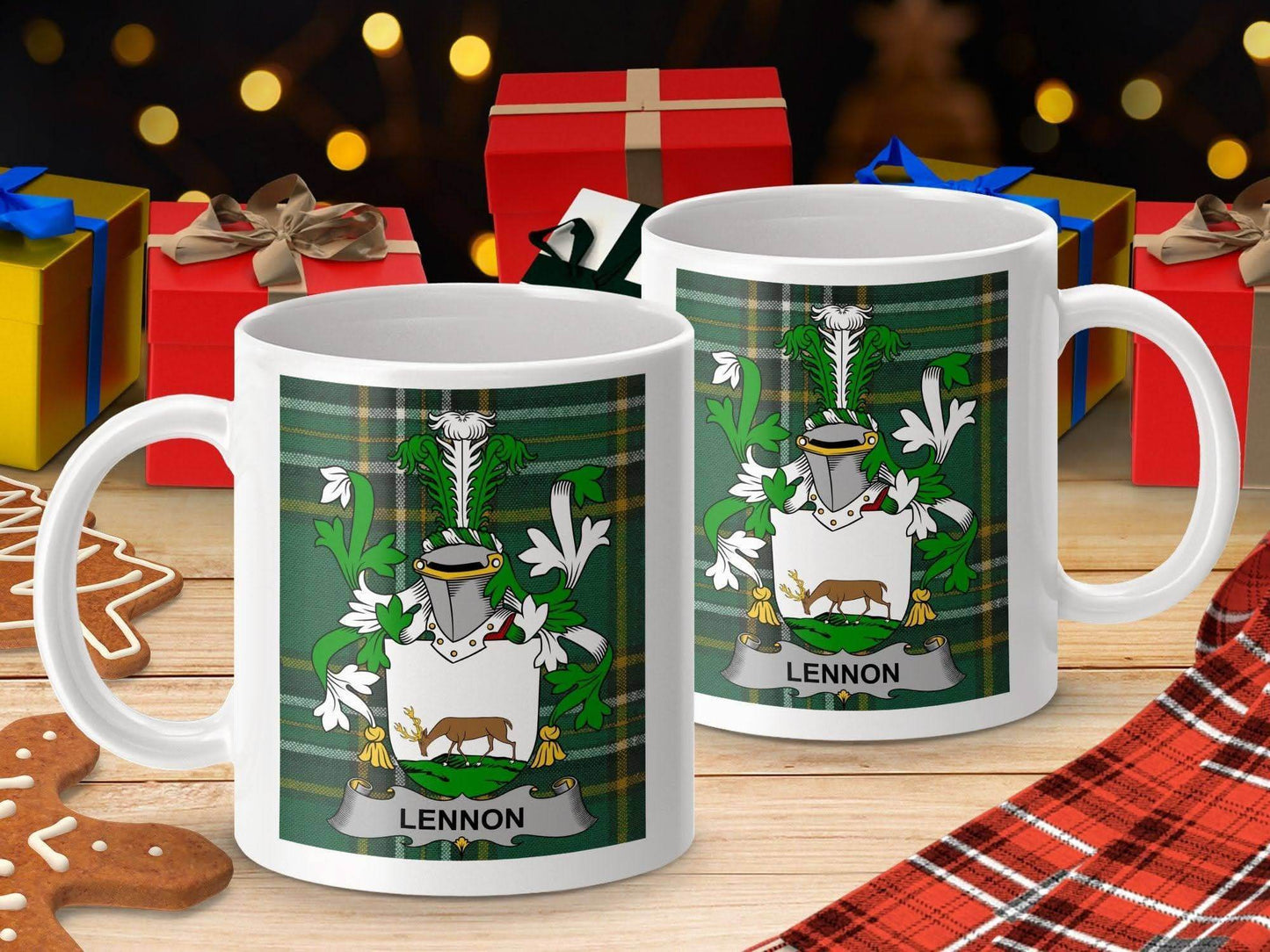 Lennon Surname Family Crest Irish Tartan Mug - Celtic Ancestry Gifts