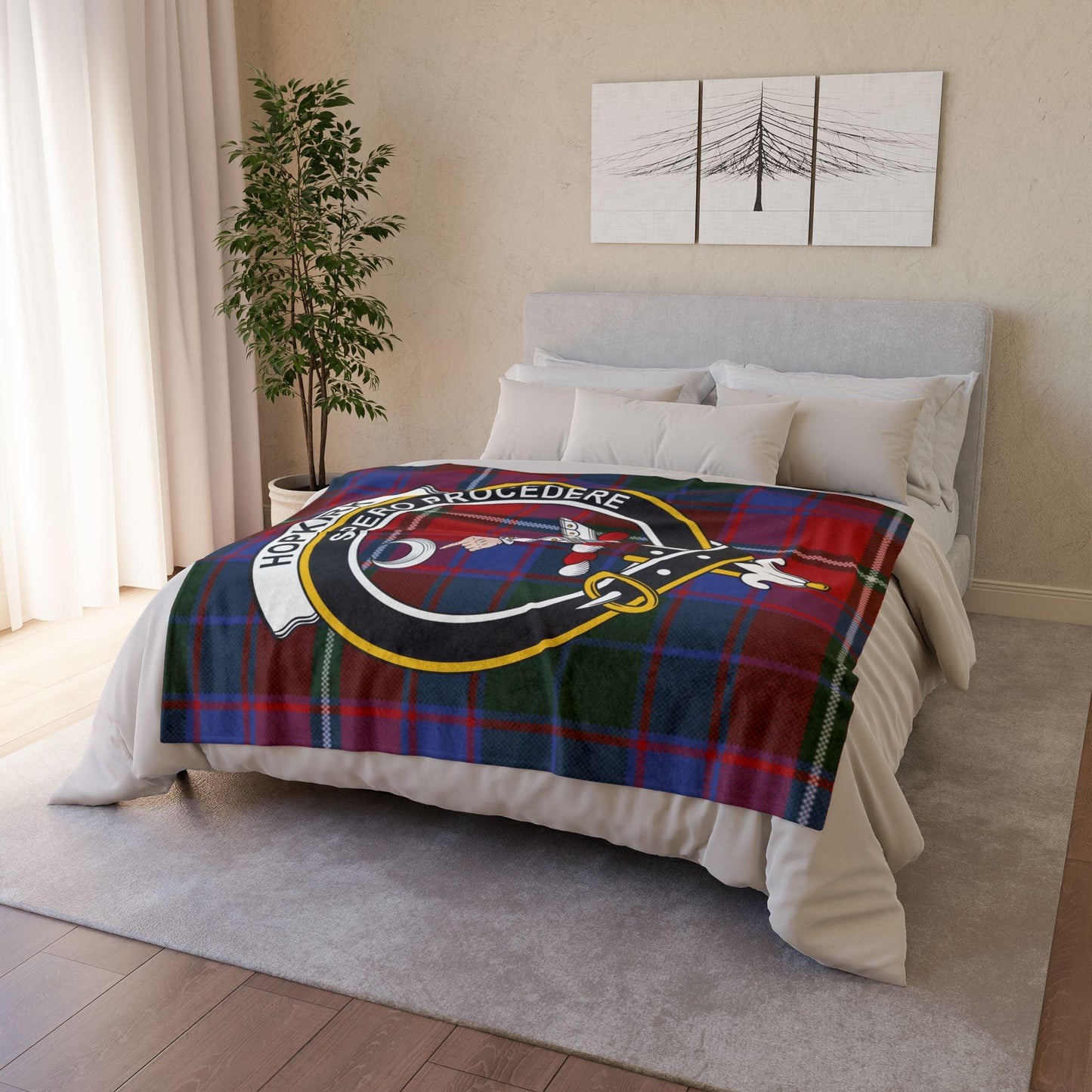 Hopkirk Clan Tartan Blanket – Scottish Crest Throw, Soft & Cozy