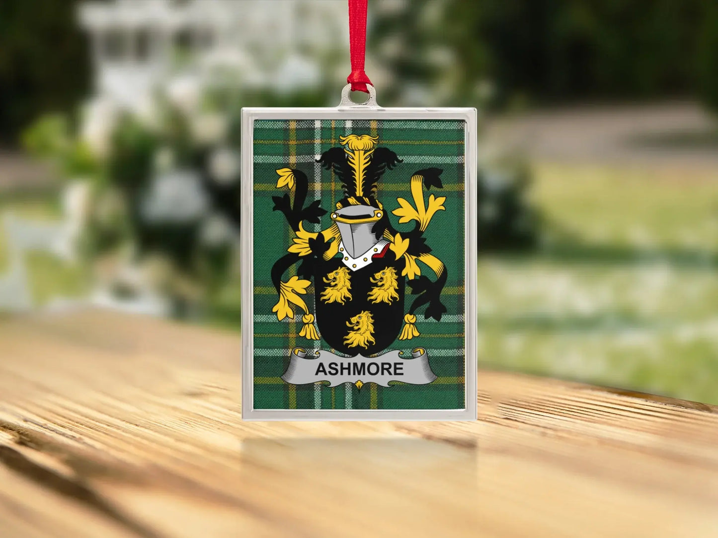 Ashmore Family Crest on Green Tartan Ornament product