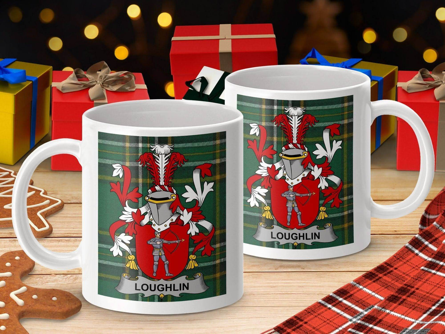 Loughlin Surname Family Crest on Irish Tartan Mug - Celtic Ancestry Gifts