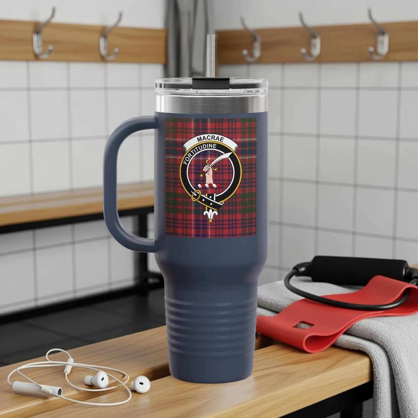 Clan MacRae Tartan Travel Mug with Crest Design product