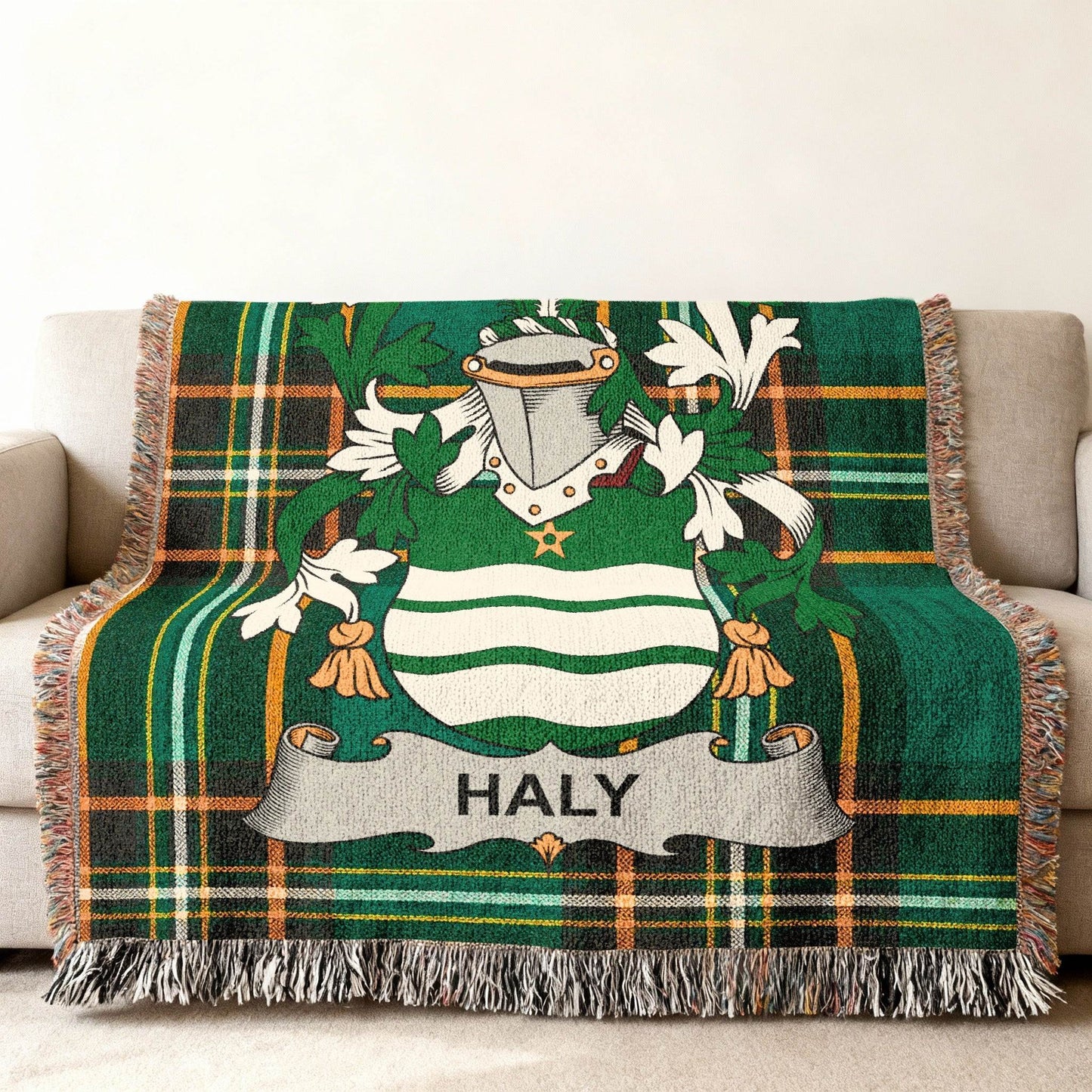 Green tartan throw blanket featuring the Haly family crest.