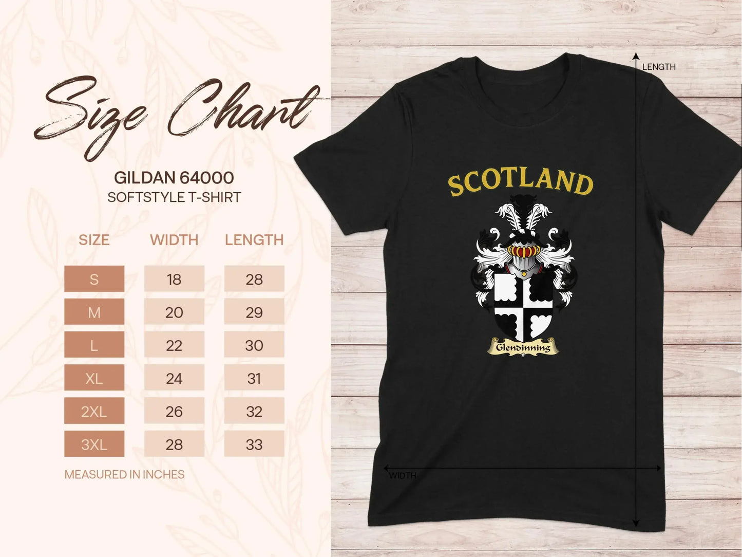 Scotland Crest Design T-Shirt size chart product type