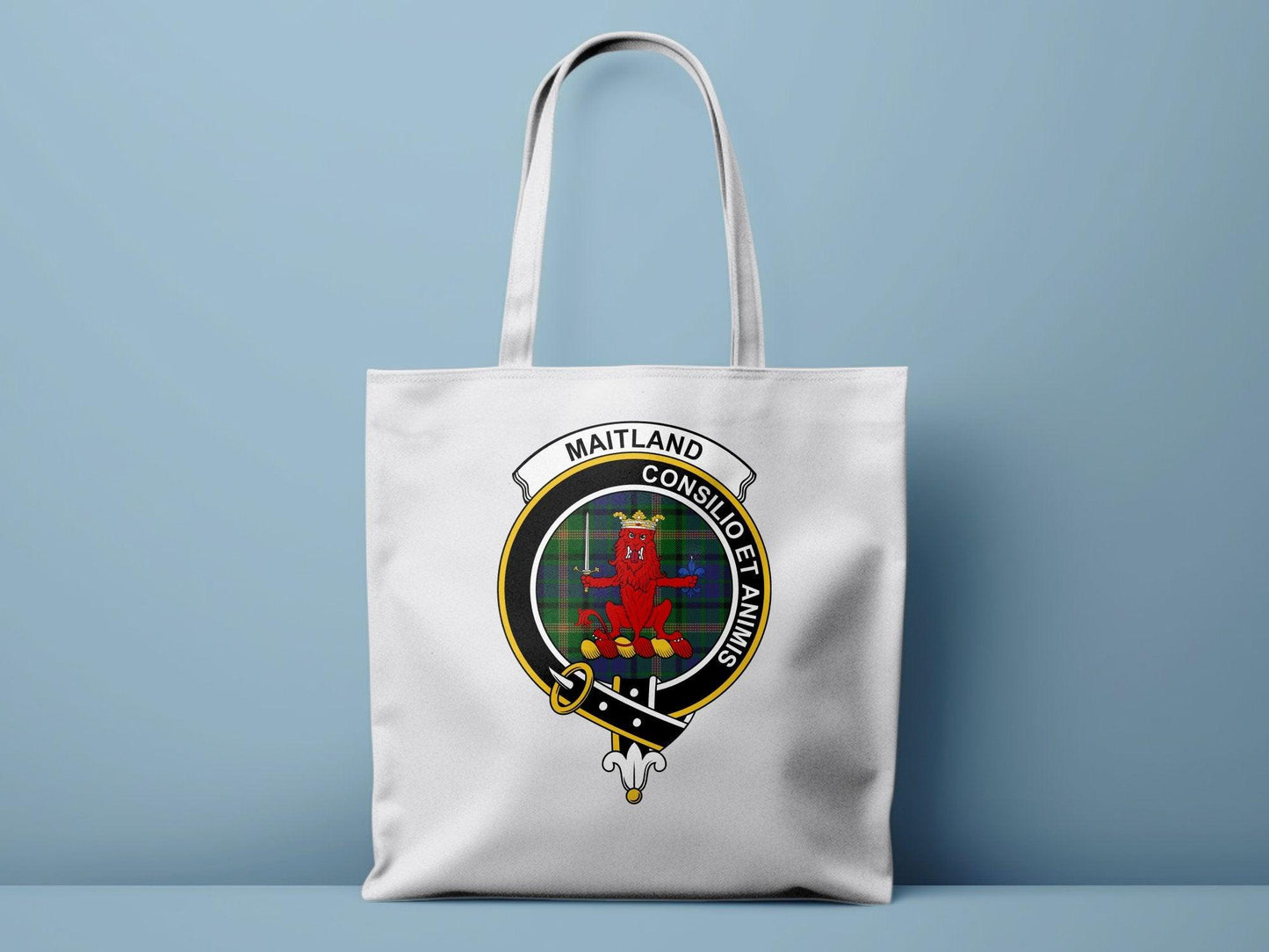Maitland Consilio et Animis Clan Crest Tartan Tote Bags - Celtic Ancestry Gifts