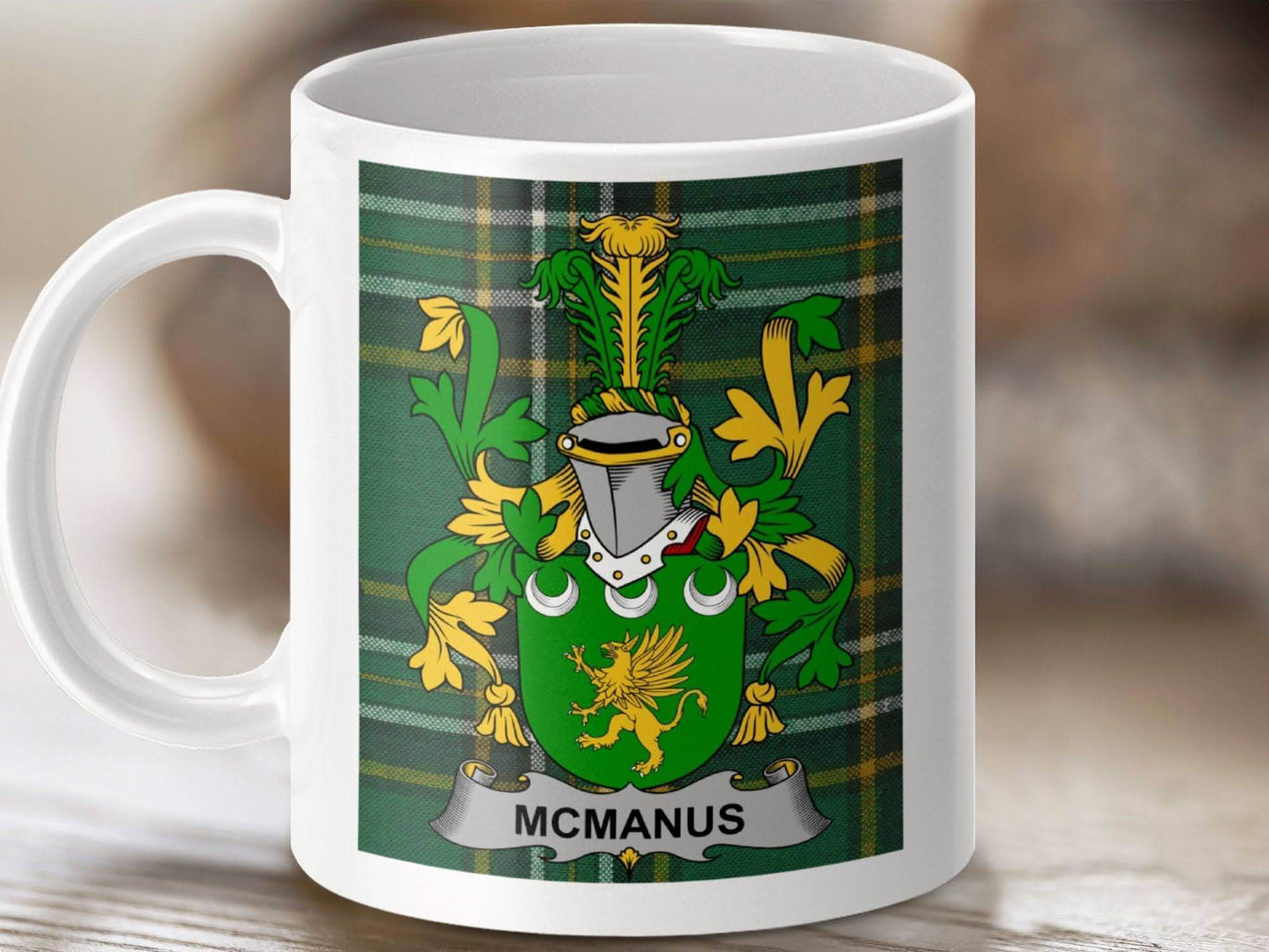 McManus Surname Family Crest on Irish Tartan Mug - Celtic Ancestry Gifts