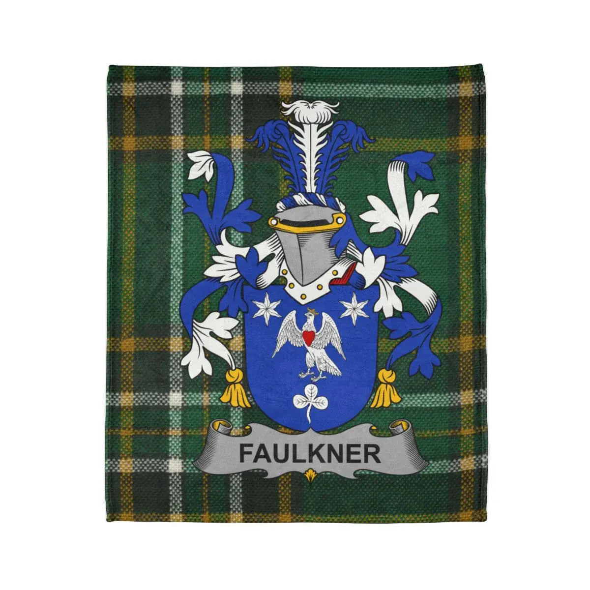 Faulkner Family Crest Emblem on Plaid Throw Blanket product type