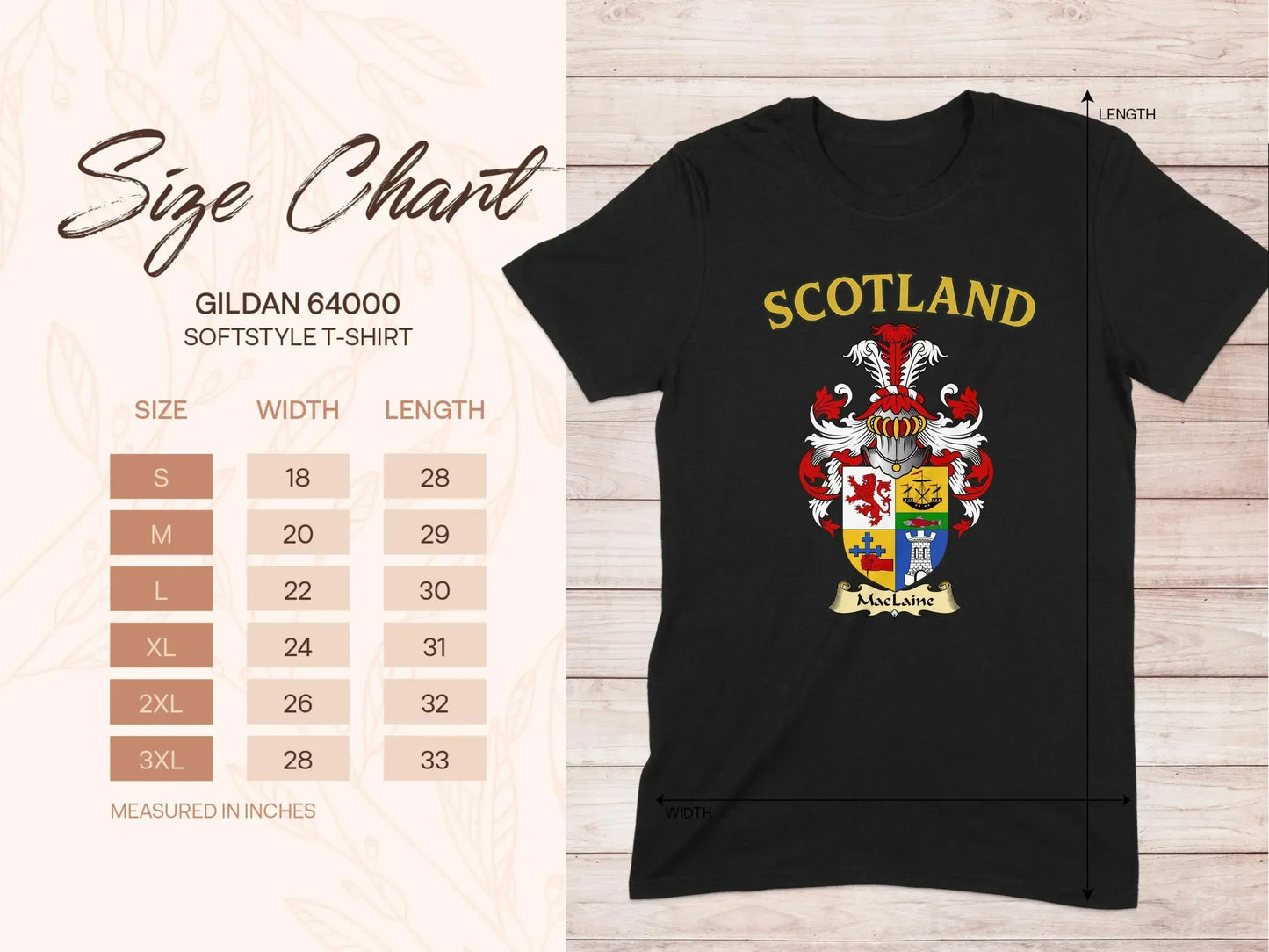 Scotland MacLaine T-Shirt Size Chart Included product