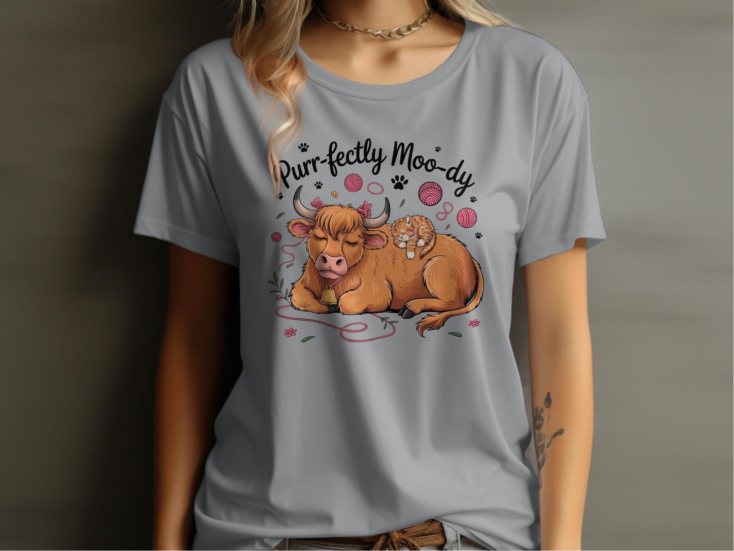 Purr-fectly Moo-dy Cow and Cat Cartoon Art T-Shirt - Celtic Ancestry Gifts