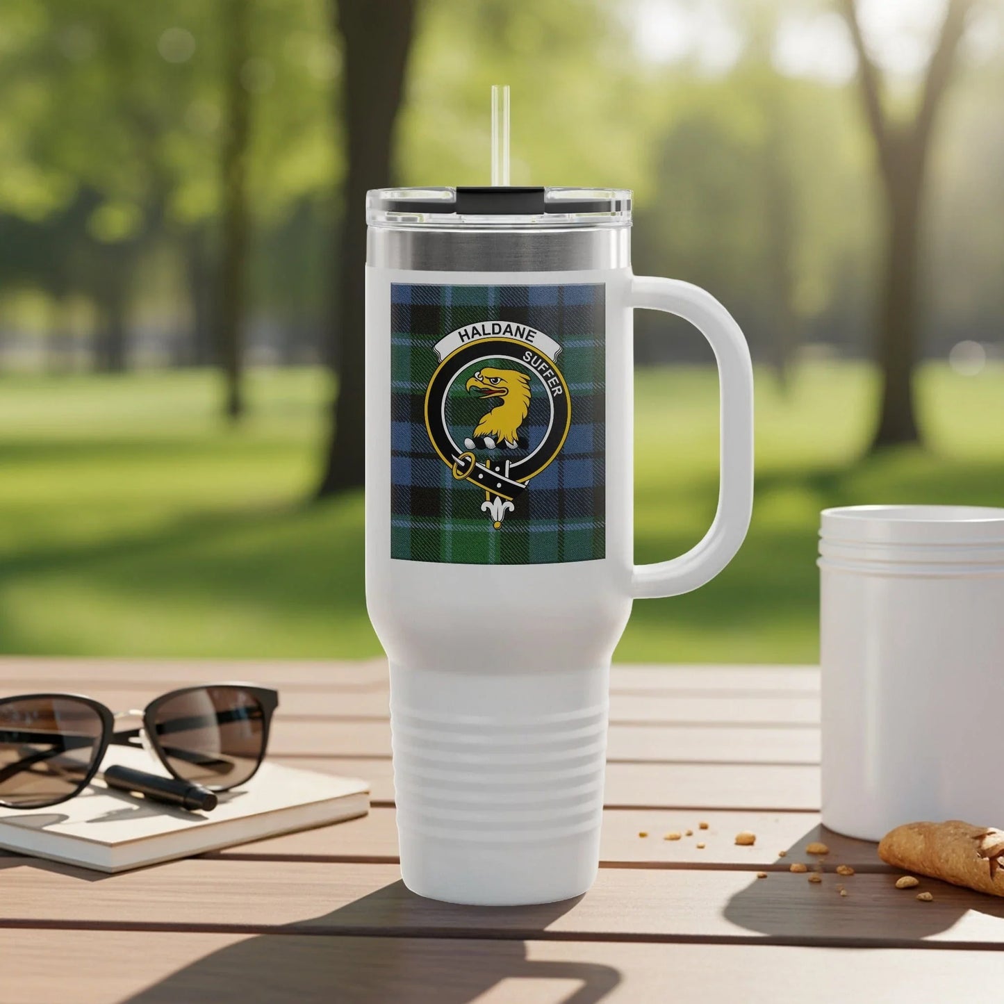 Haldane Shielded Plaid Design White Travel Mug product