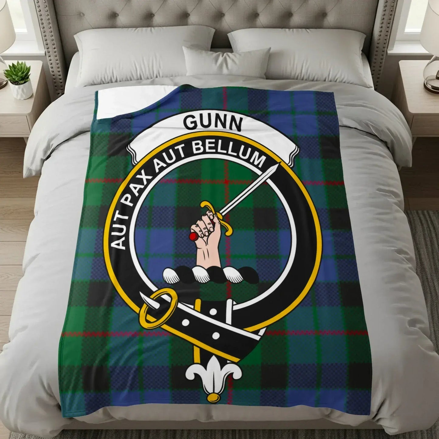 Gunn Clan Crest Tartan Blanket Aut Pax Aut Bellum product