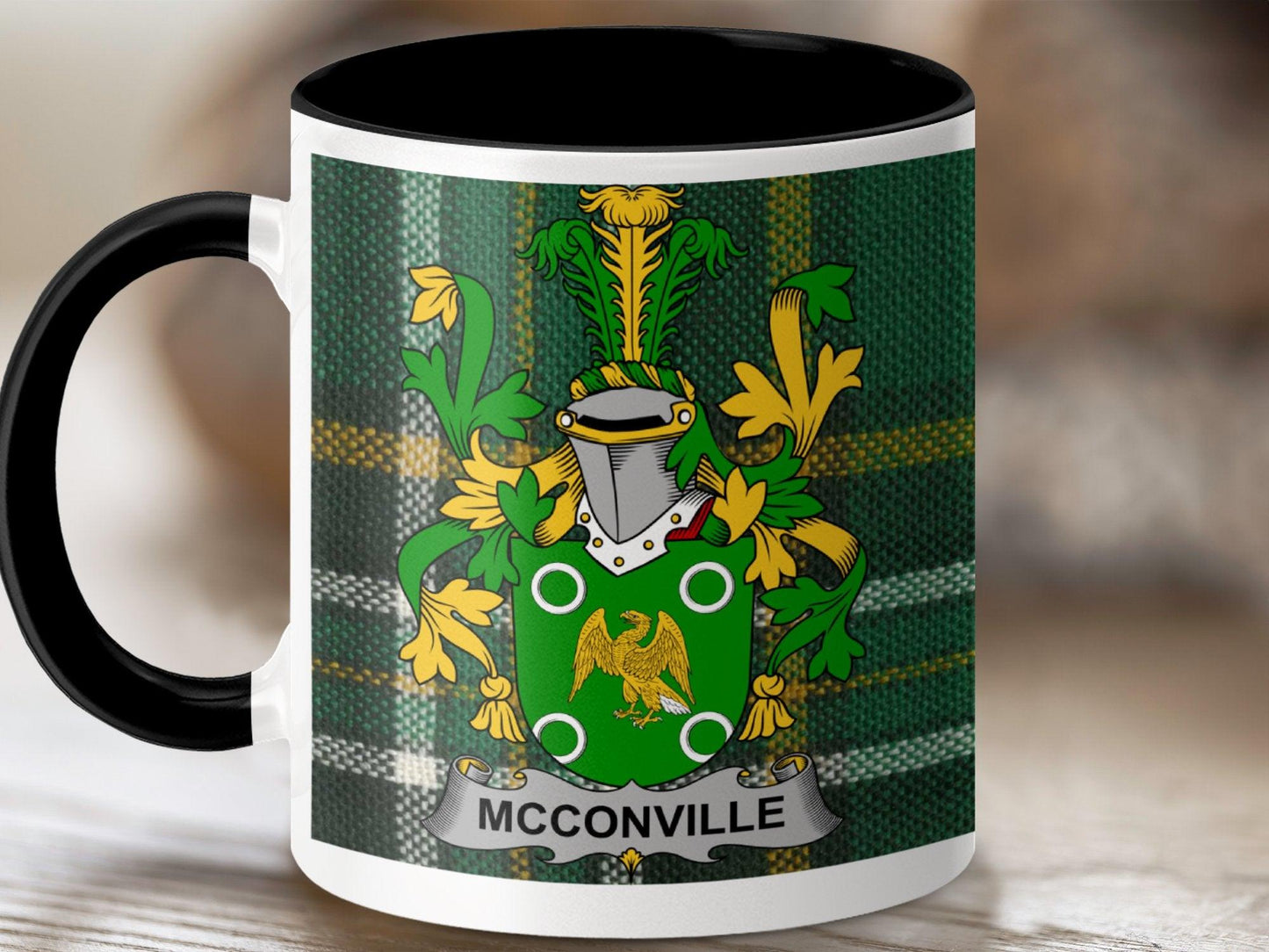 Personalized McConville Family Crest Mug, Irish Heritage Coffee Cup with Green and Gold Design