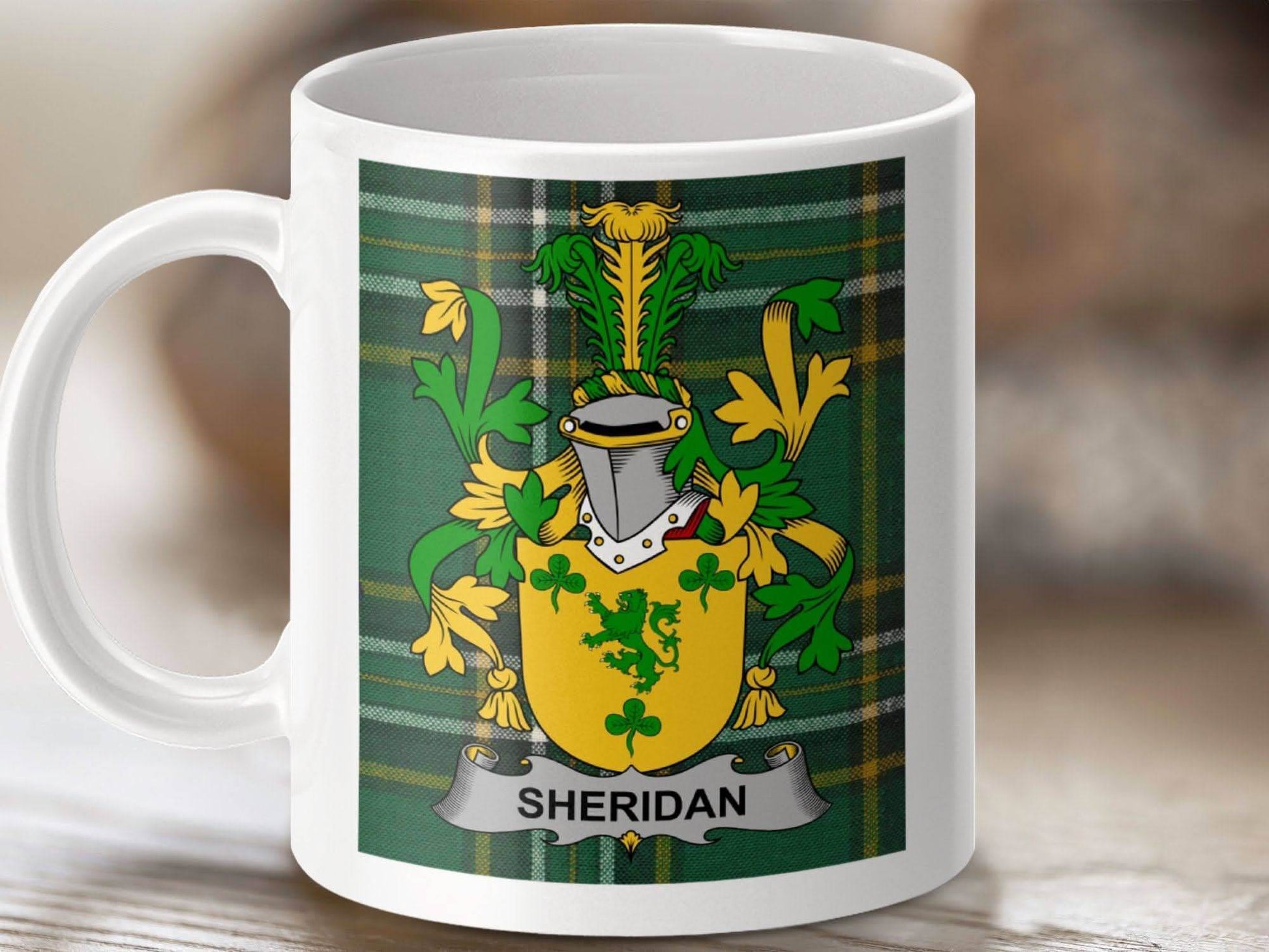 Sheridan Irish Surname Coat of Arms National Tartan Mug - Celtic Ancestry Gifts
