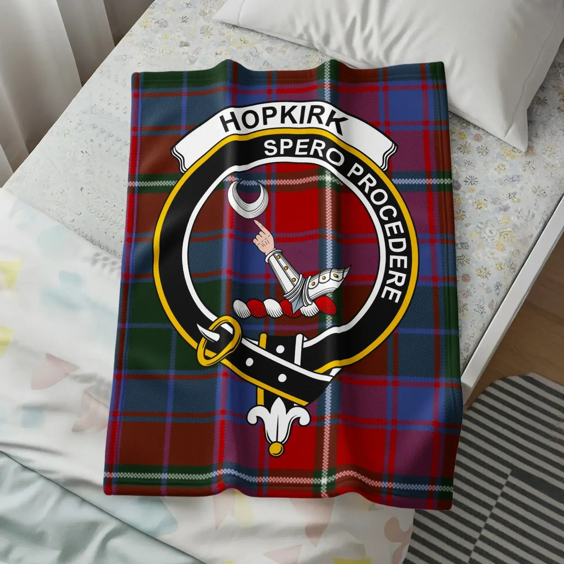 Hopkirk Family Crest Spero Proceedere Tartan Blanket product