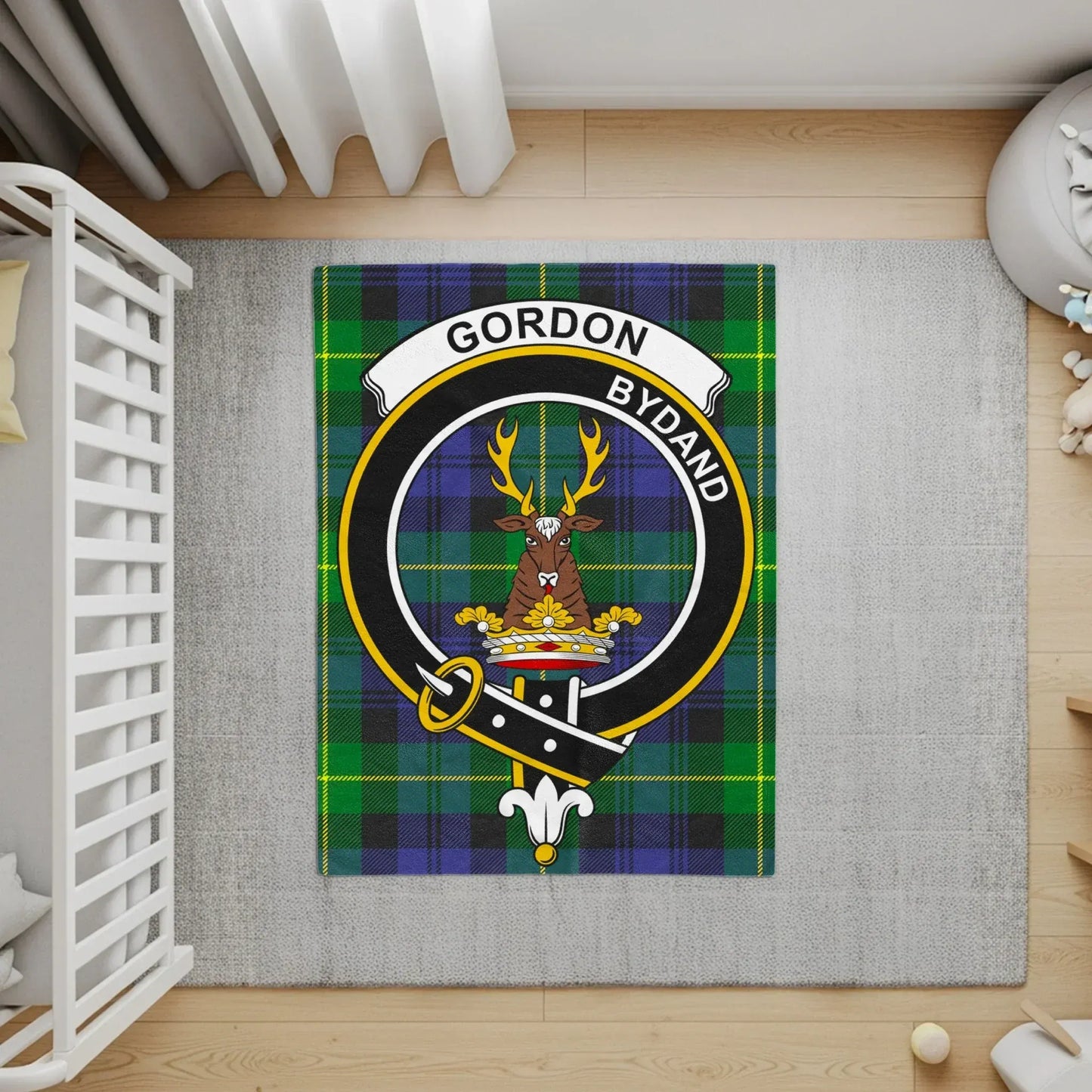 Gordon Bydand Crest on Plaid Custom Text Area Rug product