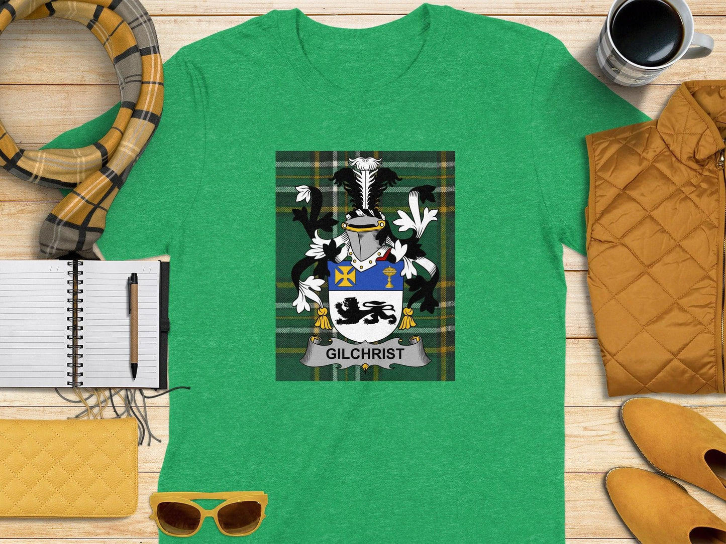 Gilchrist Family Coat of Arms Irish Tartan T-Shirt - Celtic Ancestry Gifts