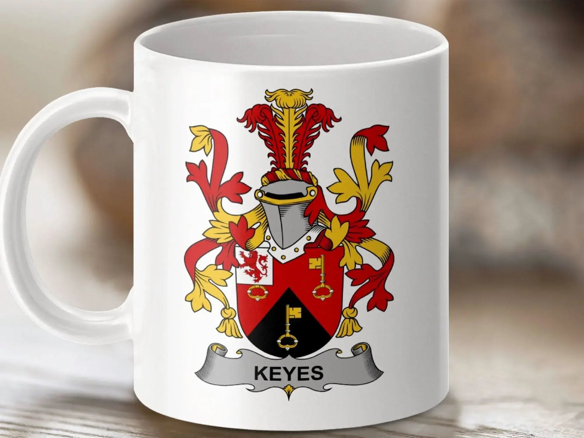 Keyes Surname Irish Coat of Arms Heraldry Family Crest mug - Celtic Ancestry Gifts