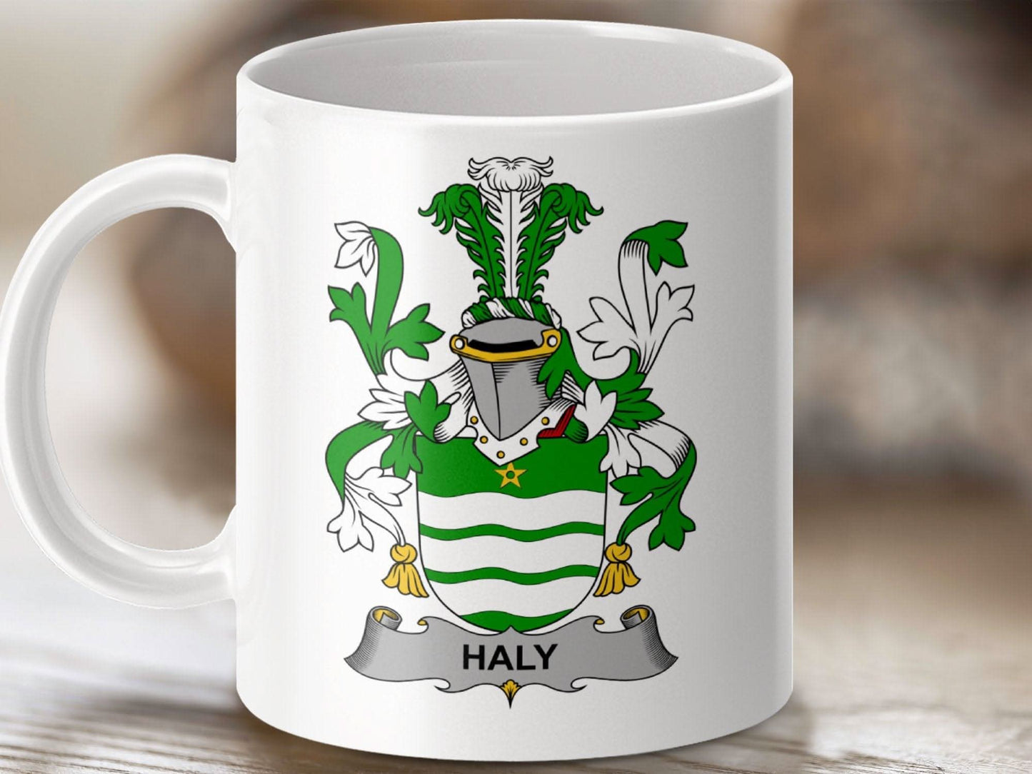 Haly Surname Irish Family Crest Coat Of Arms Design Mug - Celtic Ancestry Gifts