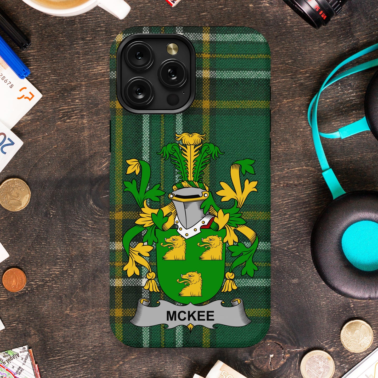 Green family crest phone case with name McKee product type