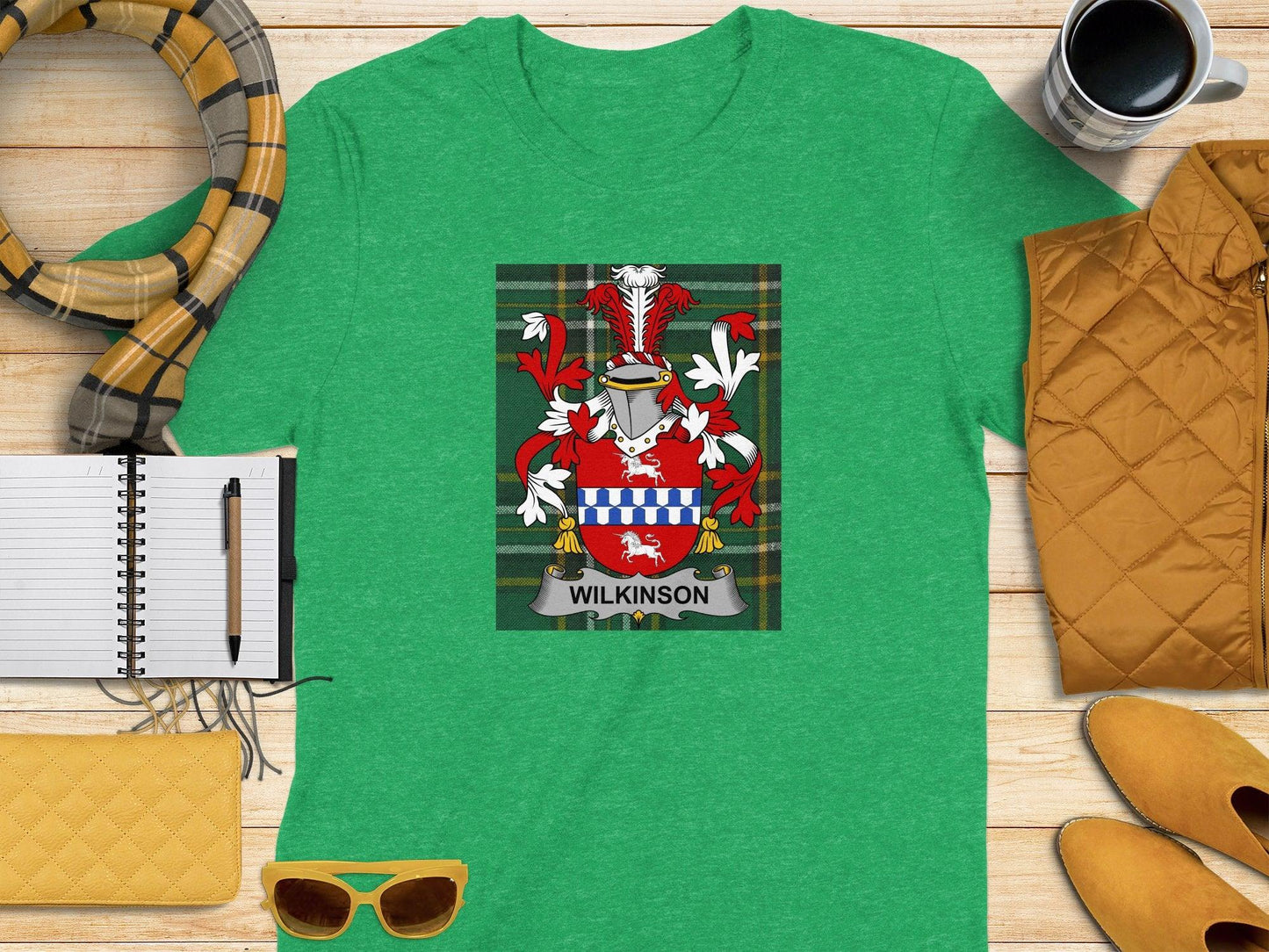 Wilkinson Family Crest on Irish Tartan Background T-Shirt - Celtic Ancestry Gifts
