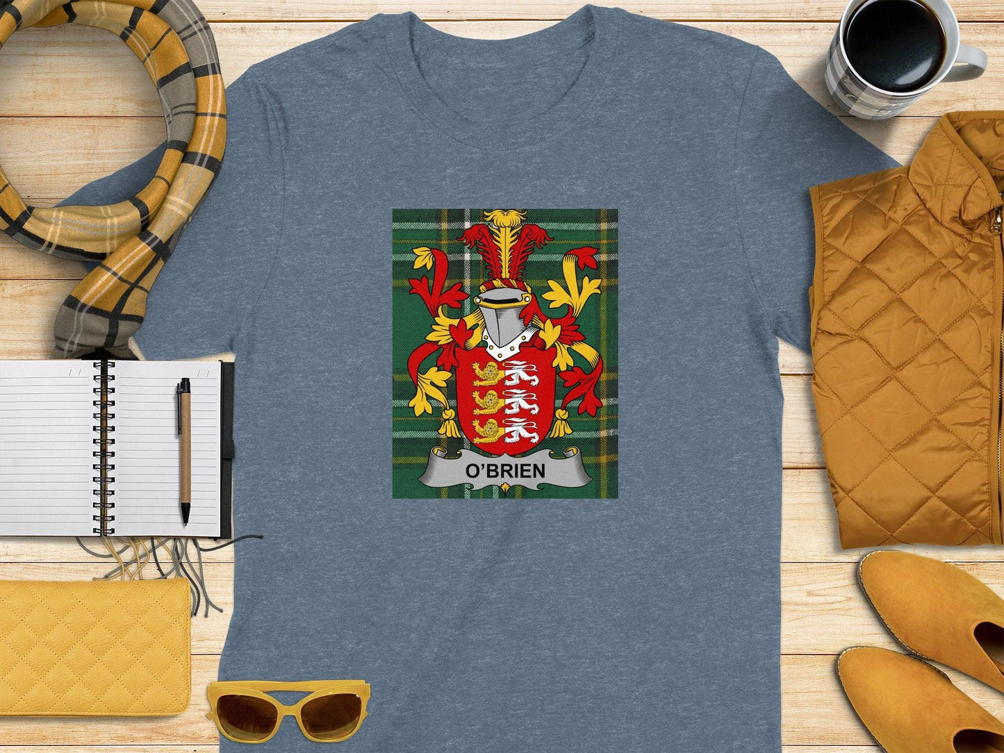 O'Brien Family Crest on Irish Tartan T-Shirt - Celtic Ancestry Gifts
