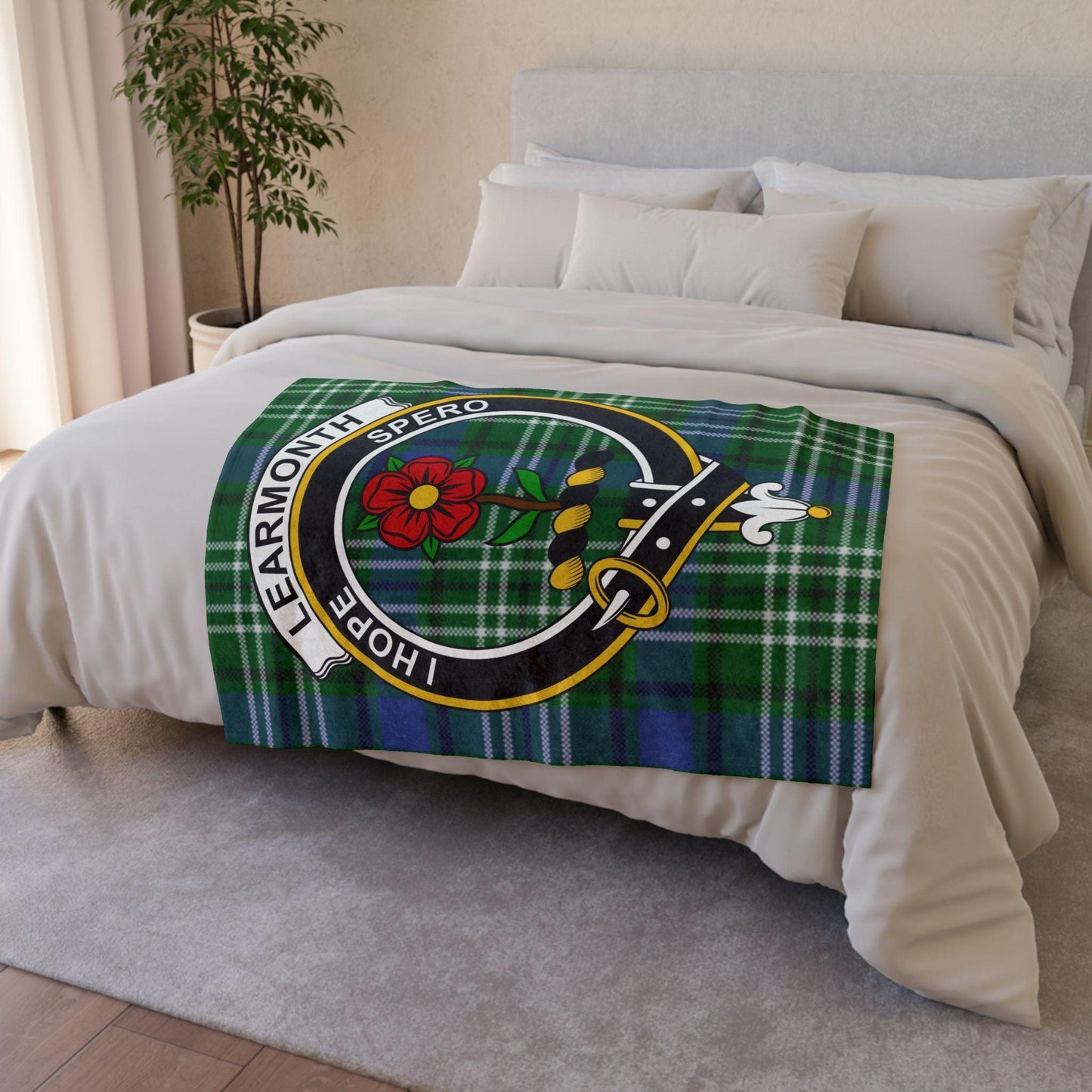 Learmonth Clan Tartan Blanket – Scottish Crest Throw, Soft & Cozy - Celtic Ancestry Gifts
