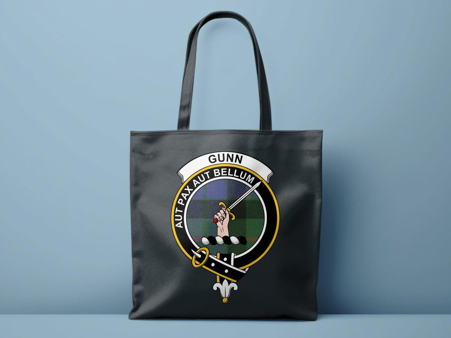 Gunn Scottish Clan Crest Tartan Tote Bags - Celtic Ancestry Gifts