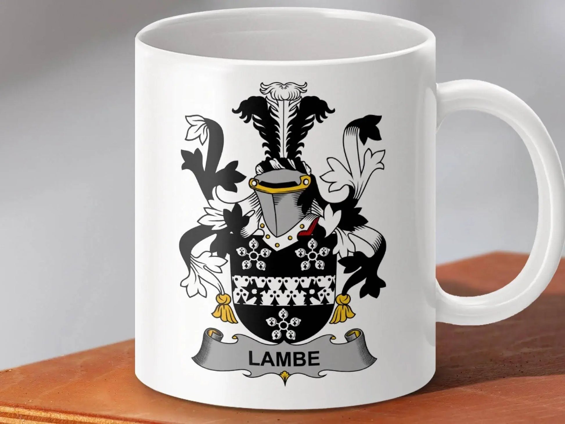 Lambe Irish Surname Family Crest Coat of Arms Design mug - Celtic Ancestry Gifts