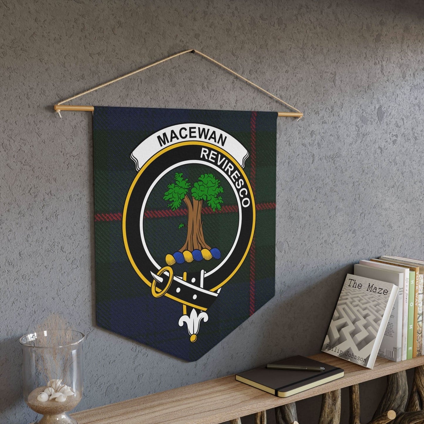 MacEwan Clan Reviresco Tree and Swords Wall Pennant - Celtic Ancestry Gifts