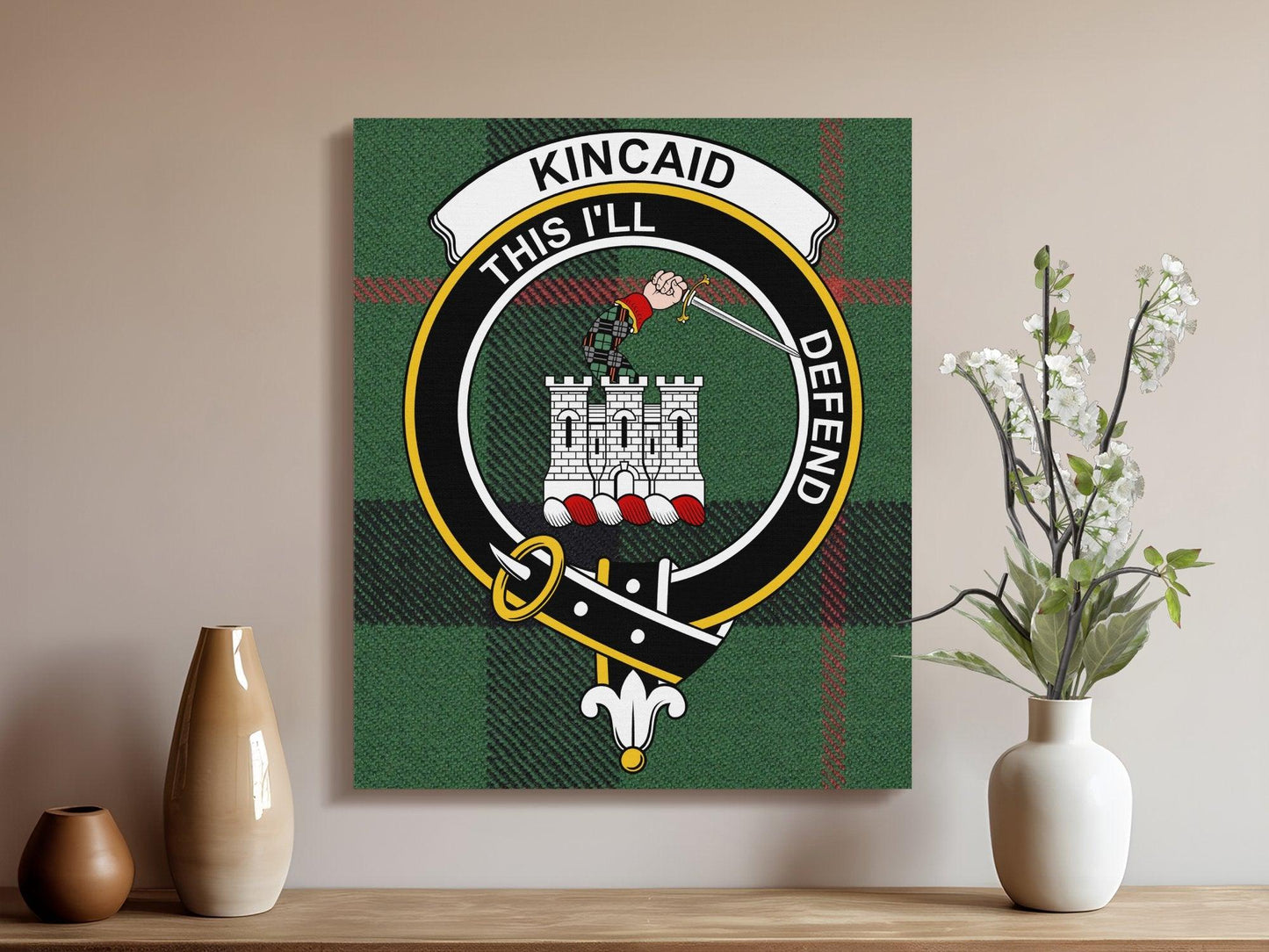 Kincaid Family Crest Canvas Print, Scottish Clan Tartan, Heraldic Wall Art, Ancestral Home Decor, Unique Heritage Gift, Customizable Artwork