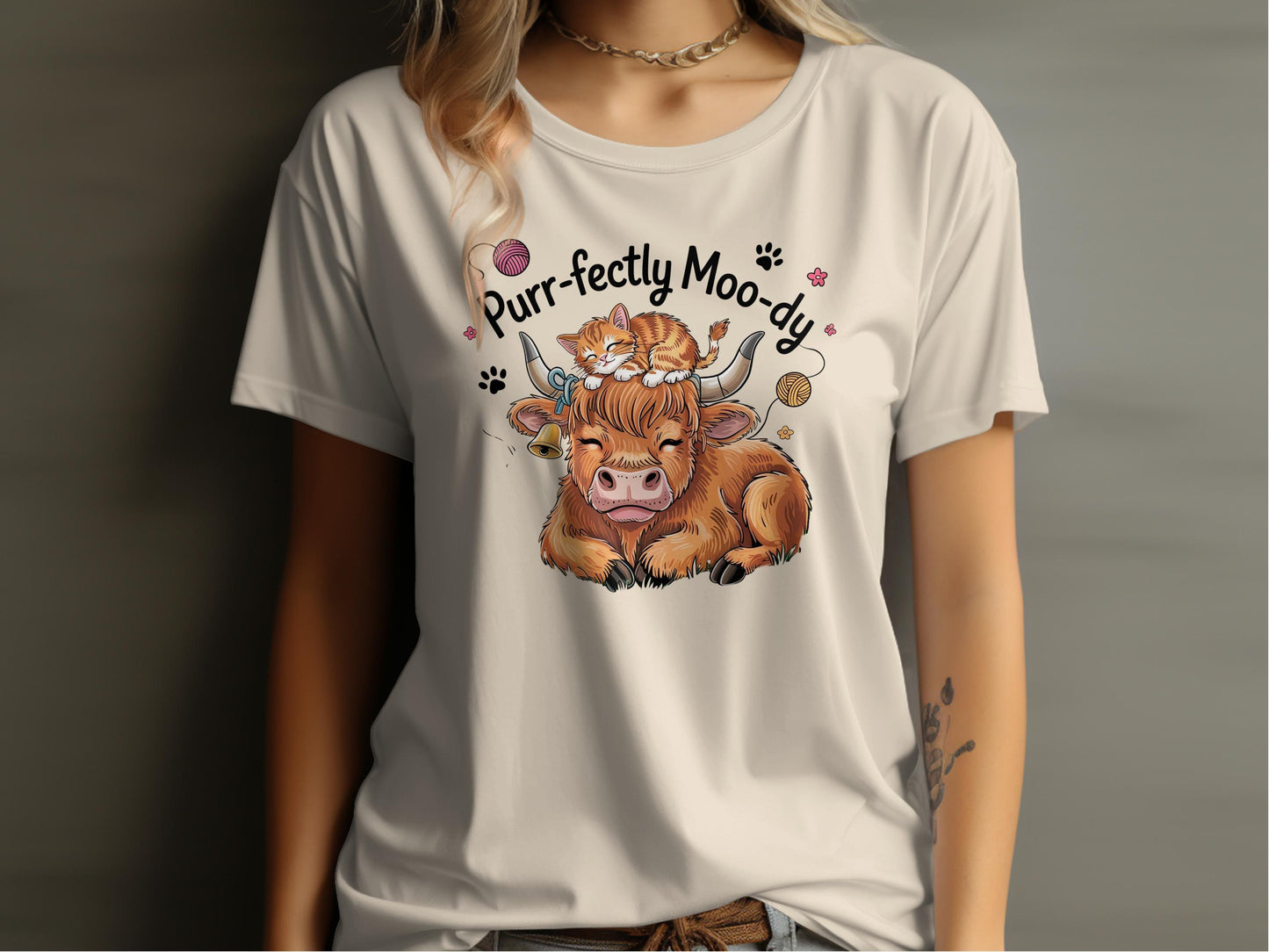 Purr-fectly Moo-dy Cute Highland Cow Cat T-Shirt - Celtic Ancestry Gifts