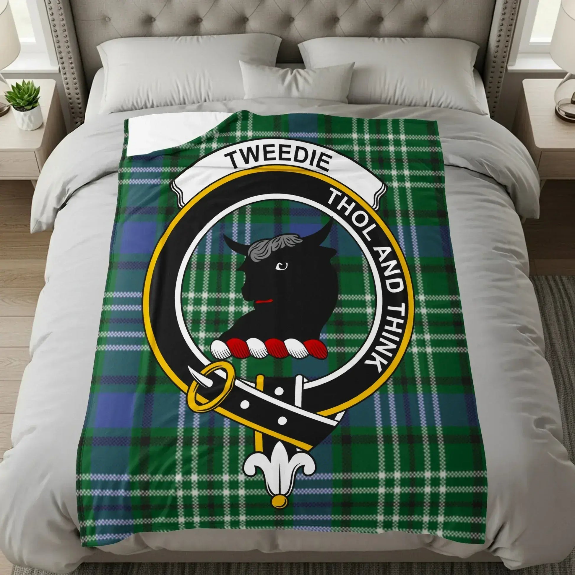 Tweedie Tholand Think Clan Emblem on Plaid Blanket product