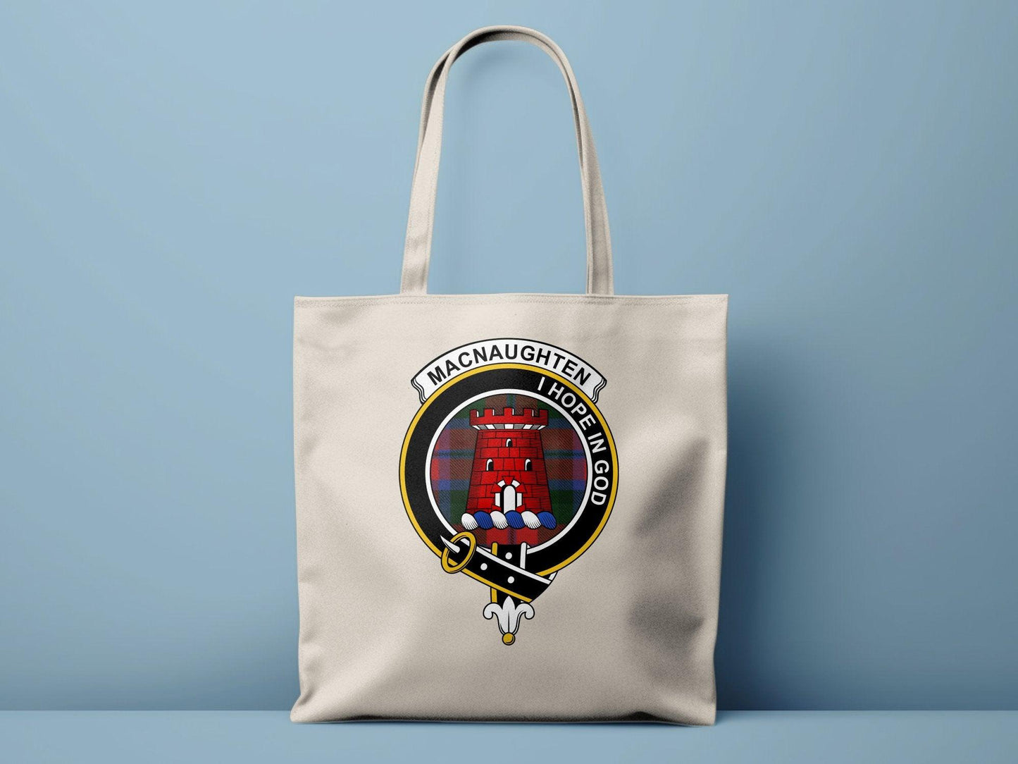MacNaughten Hope In God Clan Crest Tartan Tote Bags - Celtic Ancestry Gifts