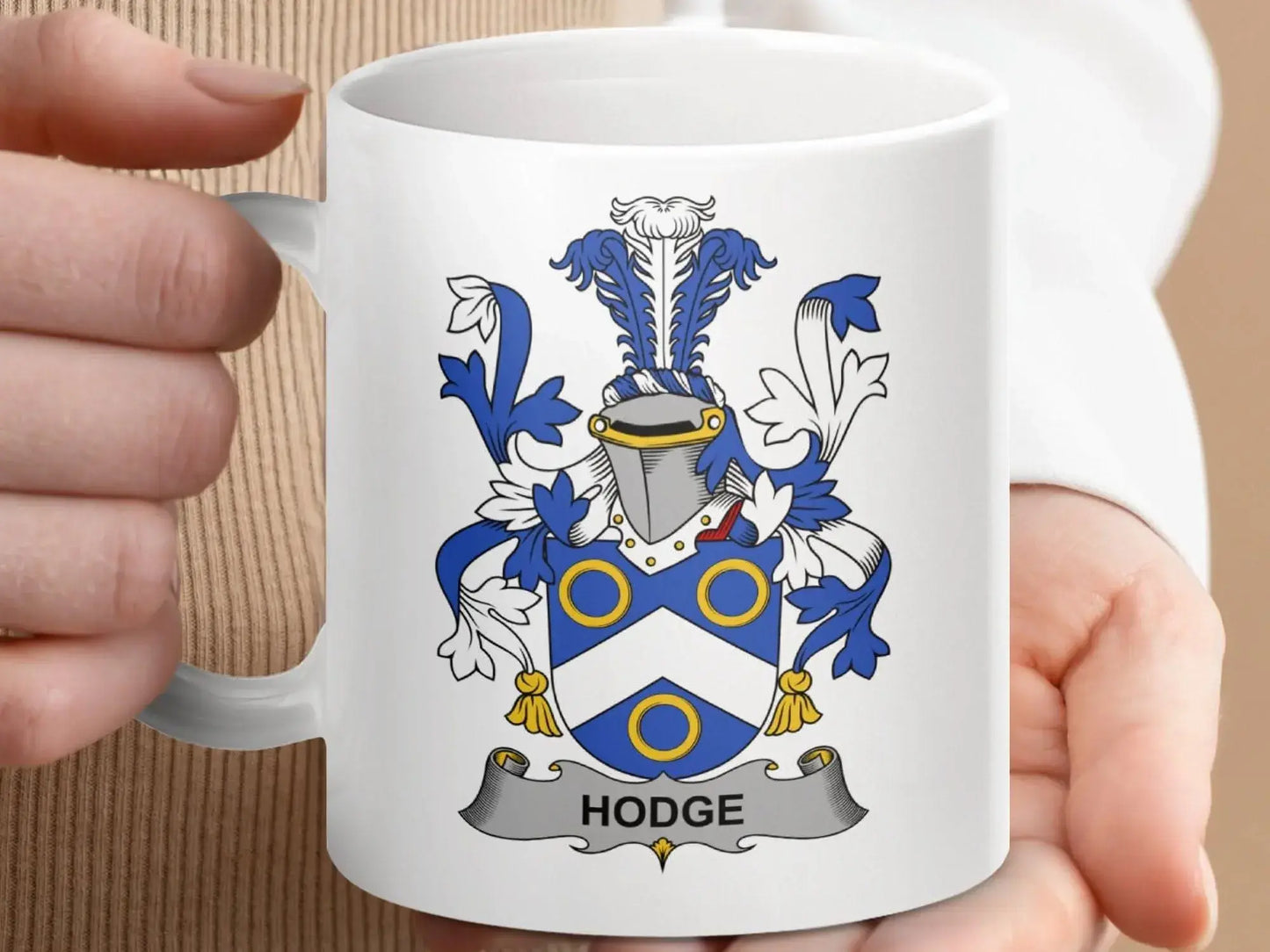 Hodge Surname Family Crest Heritage Coat Arms Coffee mug - Celtic Ancestry Gifts